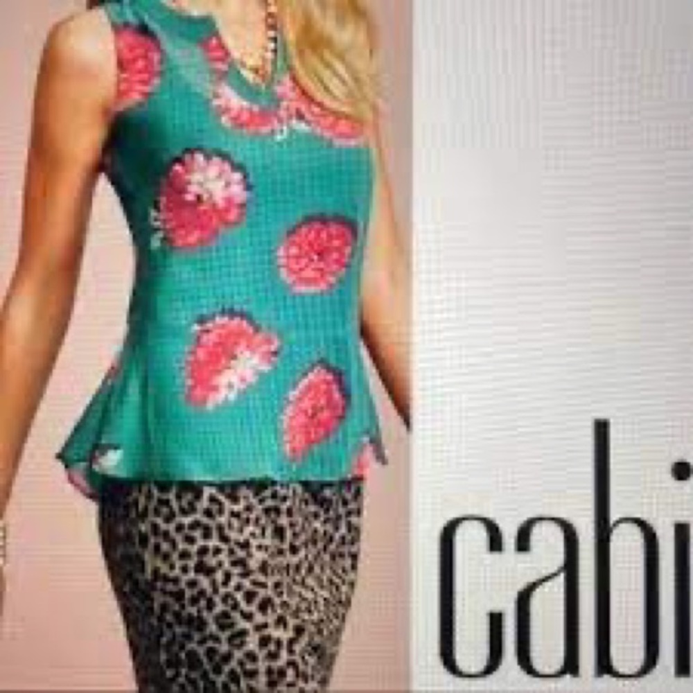 Cabi #3445 Blushing Blouse Floral Print Sleeveless Blue Pink Slight Peplum Hem S